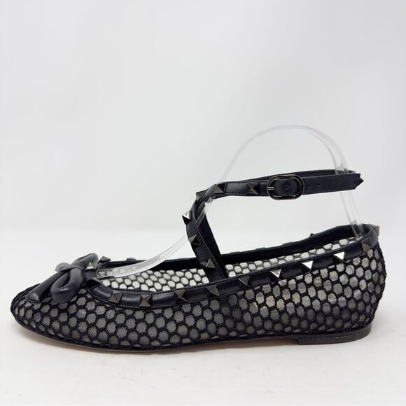 Valentino Rockstud Black Mesh Bow Ballet Flats Size 38.5 - Picture 9 of 13